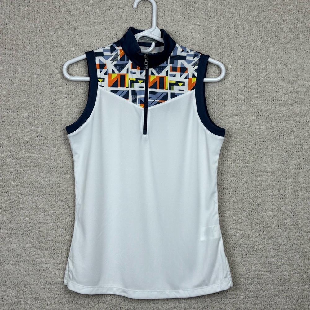 Callaway Top Womens S White Geo‎ Print Block Golf Polo Opti Dri Sleeveless Zip